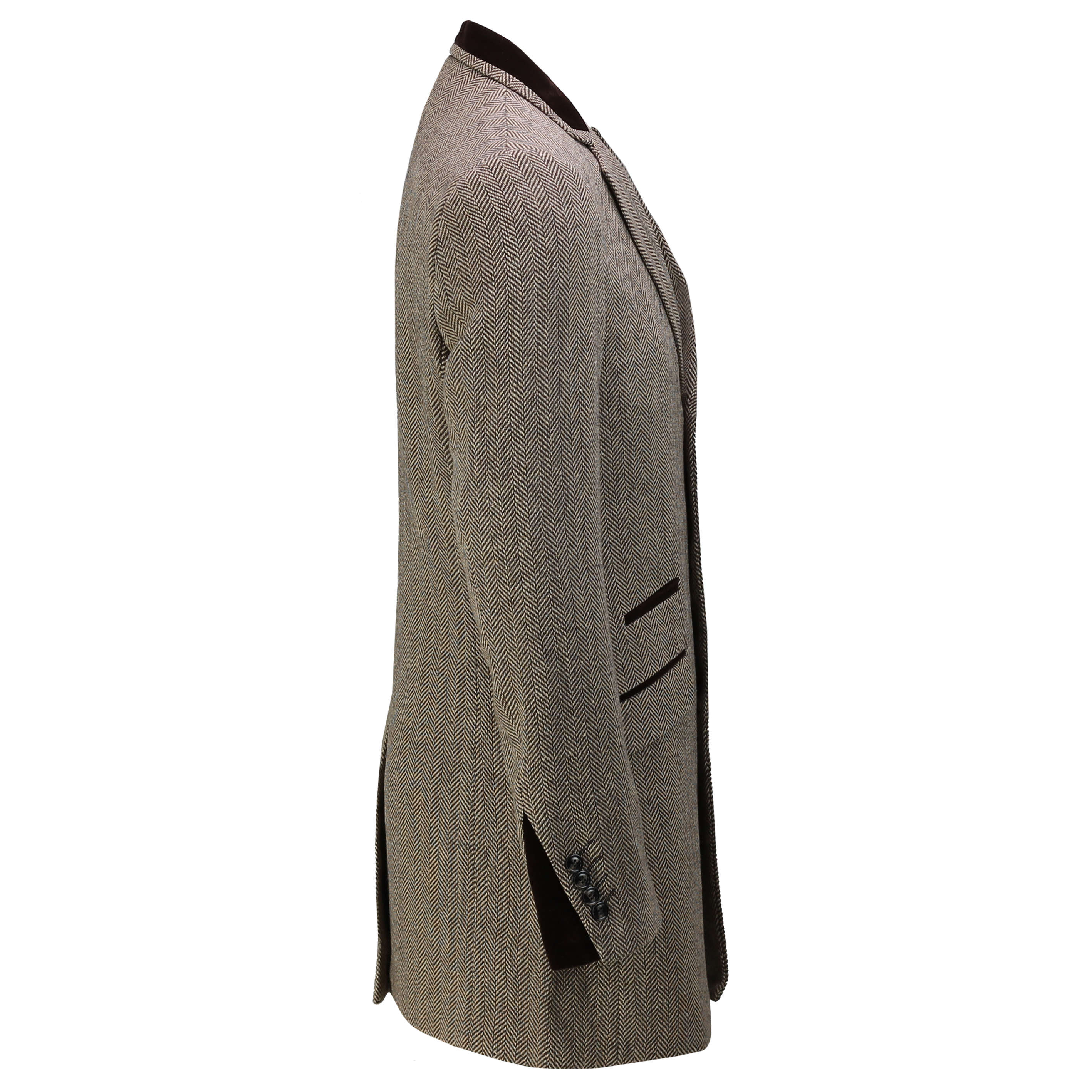 Mens Overcoat 3/4 Long Jacket Vintage Herringbone Velvet Collar Smart Retro  Coat